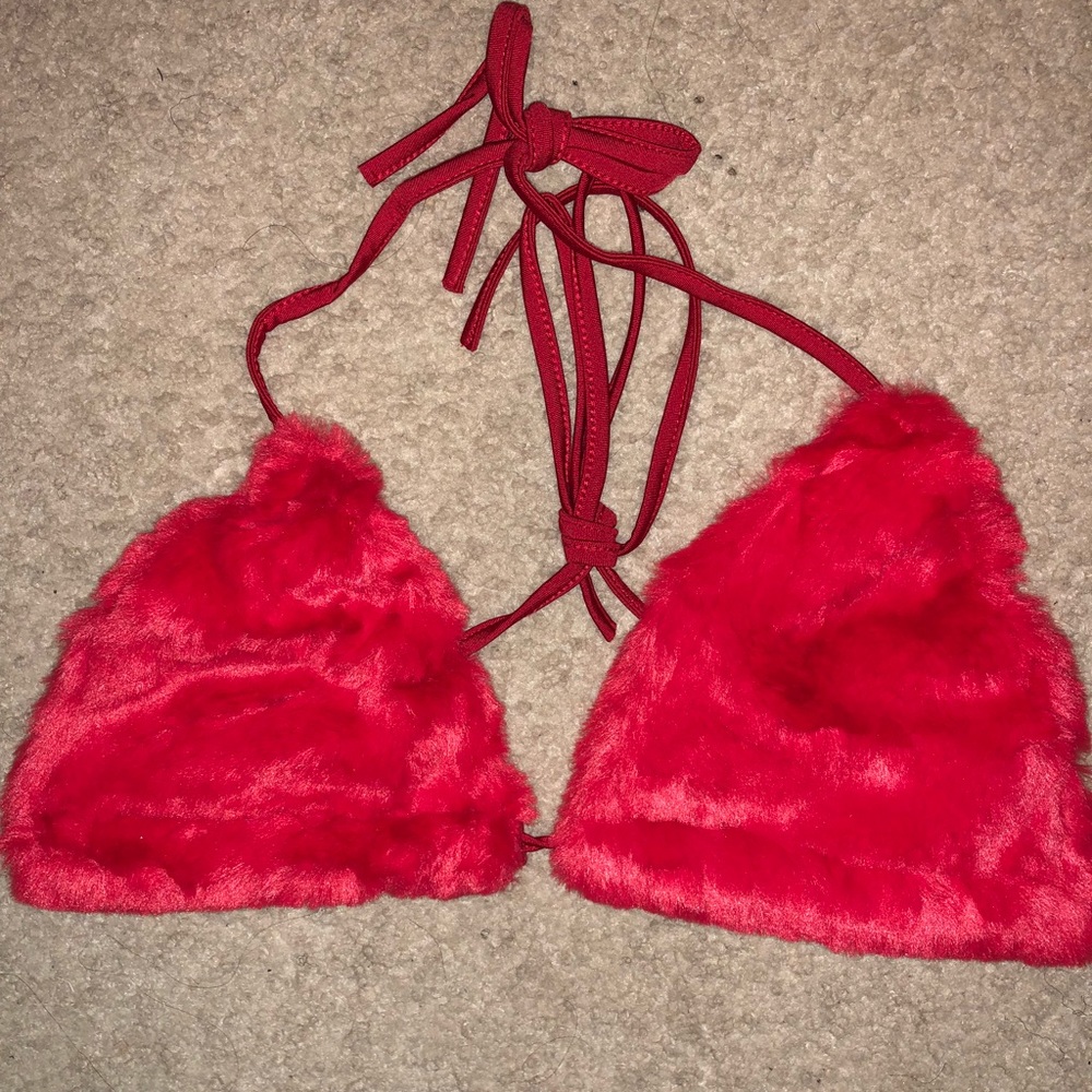 Red Fur Halter Crop Top Bralette